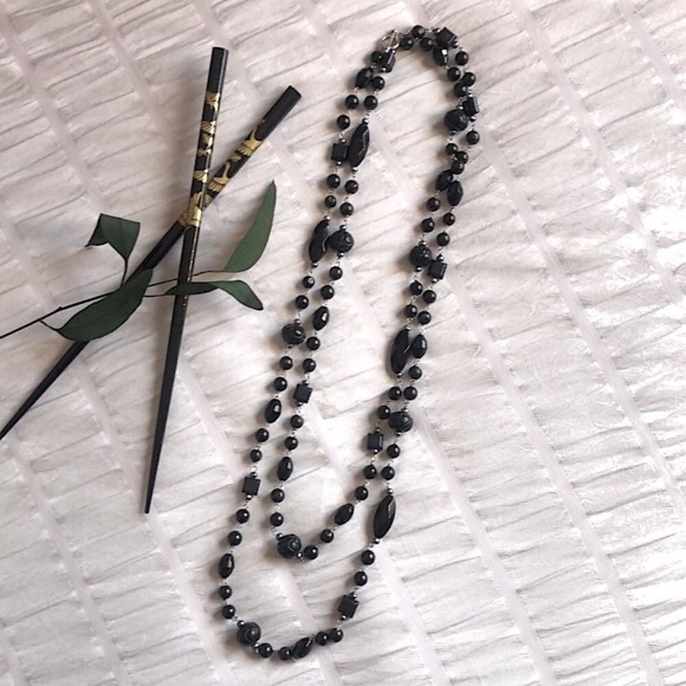 Black Bead And Seed Pearl Necklace With Toggle Closure